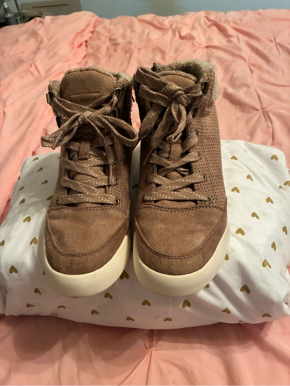 Roxy Taupe Lace-Up Ankle Booties with Faux Fur Trim